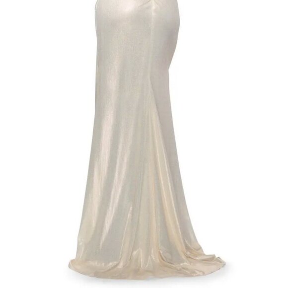 La Femme White Gold Spaghetti Strap Metallic Jersey Gown - Picture 4 of 4